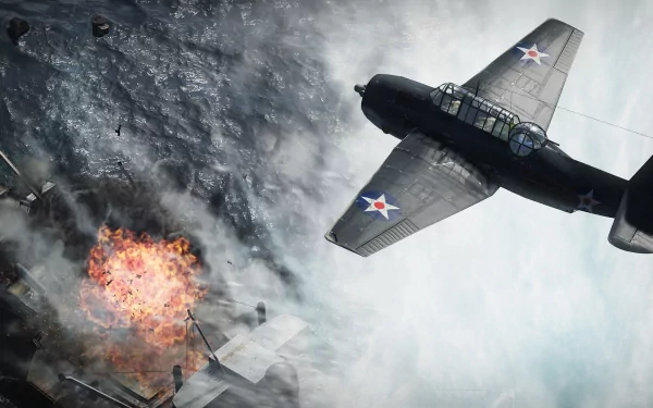 HD War Thunder wallpaper featuring an aircraft soaring above an explosive battle at sea for a desktop background.