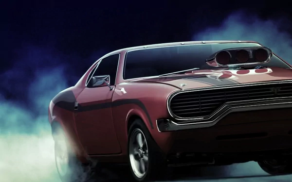 A striking HD wallpaper featuring a sleek, muscle car from the video game Burnout Paradise, set against a backdrop of swirling smoke and vibrant colors.