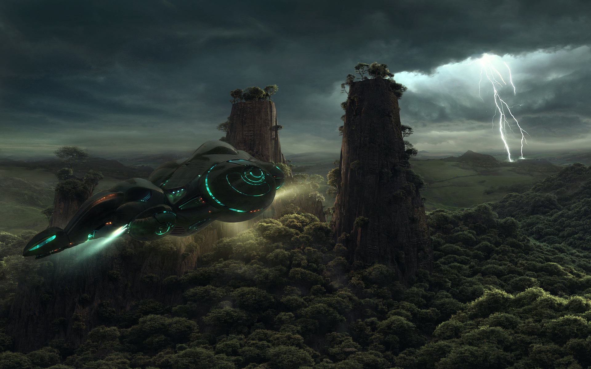 HD PC desktop wallpaper depicting a sci-fi spaceship flying through a dark, stormy landscape with ancient, towering structures and lightning in the background.