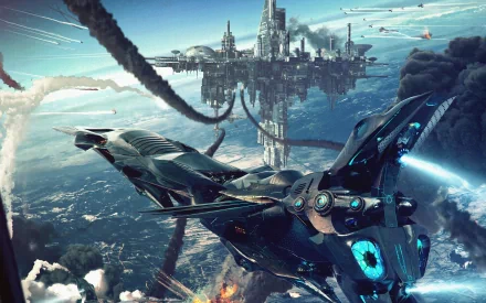 A sleek spaceship flies above a futuristic cityscape, with vibrant colors and dynamic clouds, creating an immersive sci-fi HD desktop wallpaper.