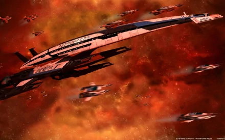 HD desktop wallpaper featuring the Normandy SR-2 spaceship from the Mass Effect video game, set against a fiery red space background with accompanying fighters.