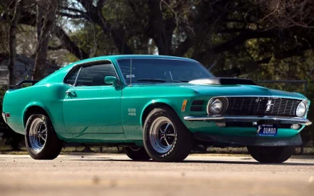 HD desktop wallpaper featuring a classic green Ford Mustang Boss 429 parked outdoors with trees in the background.