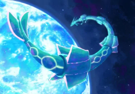 A stunning HD wallpaper featuring Rayquaza from Pokémon soaring in space, surrounded by vibrant colors and cosmic elements, showcasing its iconic design in anime style.