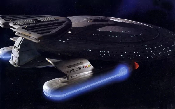A stunning HD desktop wallpaper featuring a spaceship from Star Trek: The Original Series, showcasing its sleek design and vibrant warp engines against a starry backdrop.