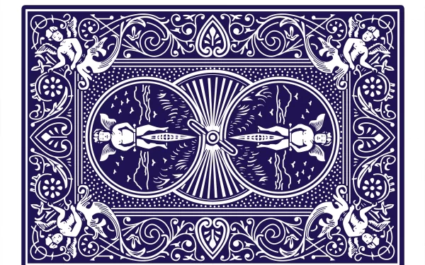 A detailed, HD desktop wallpaper featuring a decorative playing card design, showcasing intricate patterns and figures against a deep blue background.
