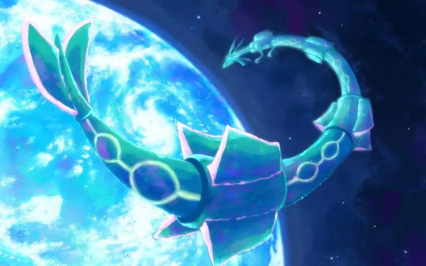 A stunning HD wallpaper featuring Rayquaza from Pokémon soaring in space, surrounded by vibrant colors and cosmic elements, showcasing its iconic design in anime style.