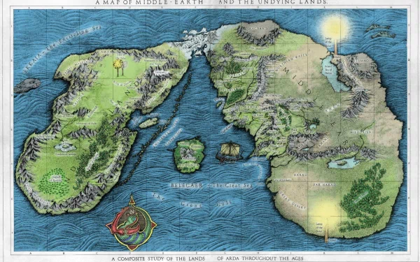 A detailed map of Middle-earth and the Undying Lands, capturing the rich fantasy world of The Lord of the Rings. This HD wallpaper invites exploration of Tolkien’s legendary realm.