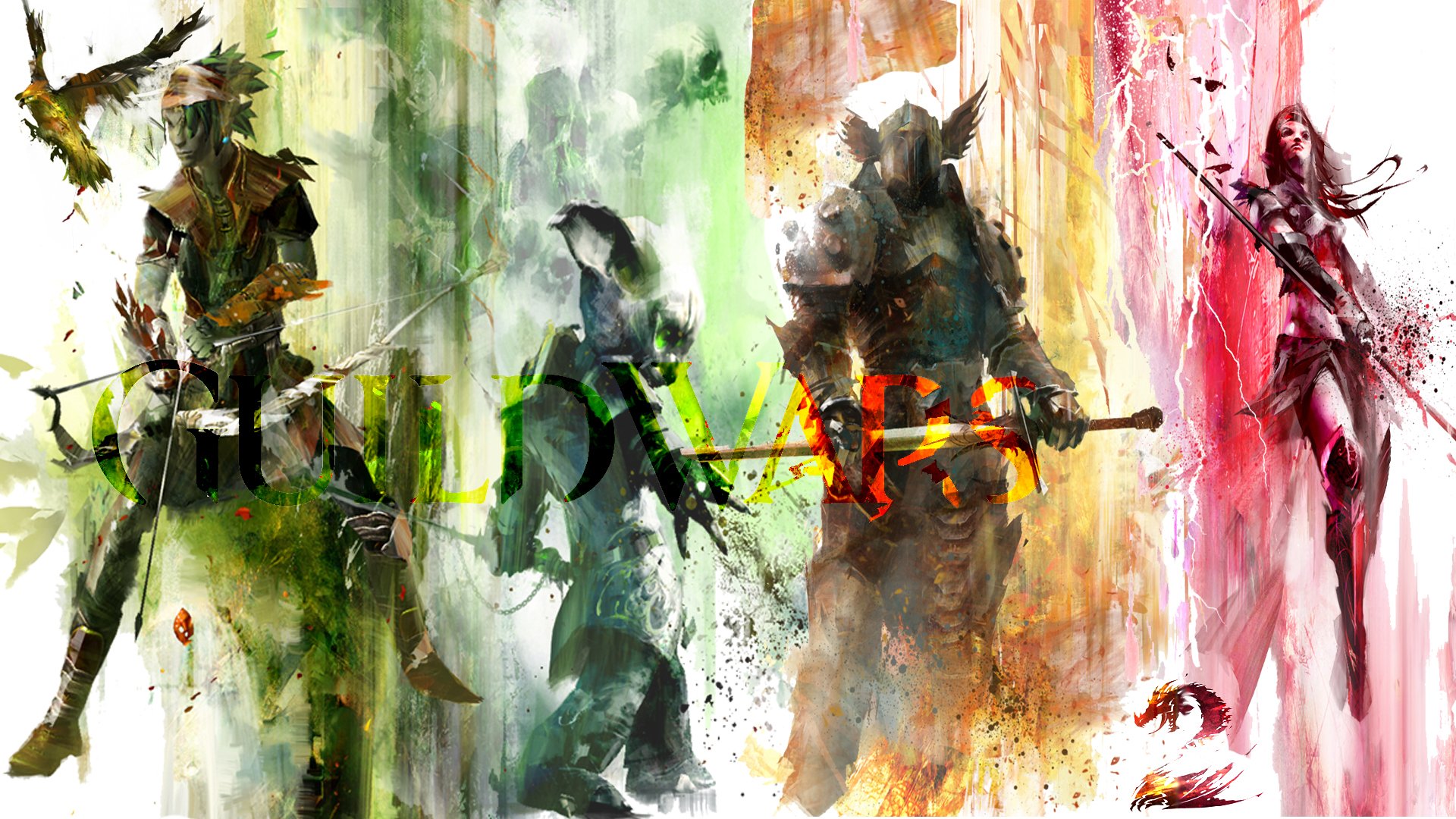 HD PC desktop wallpaper/background for the video game Guild Wars 2: four stylized armored heroes in watercolor splashes of green, yellow, orange and red.