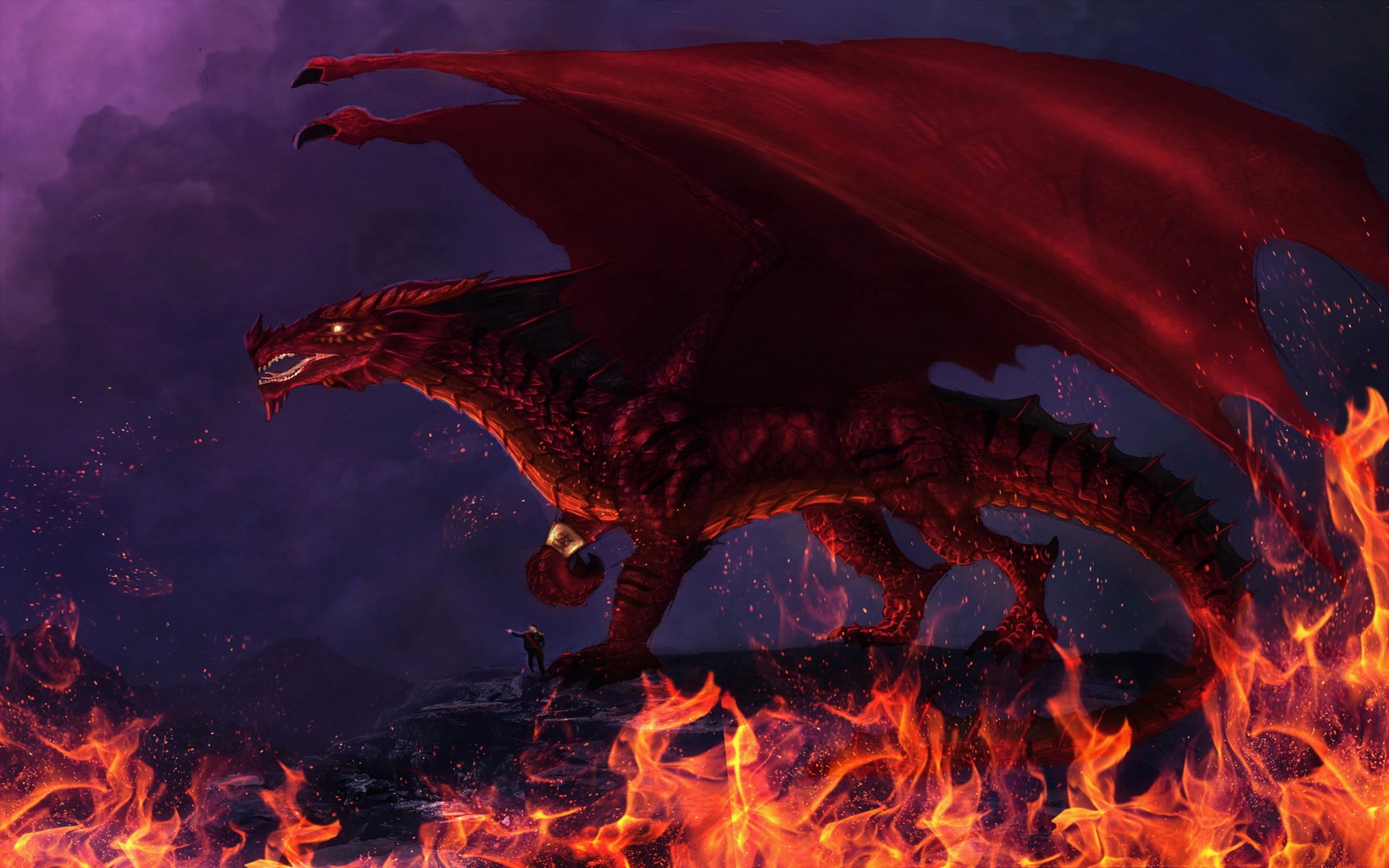Fantasy dragon with red wings strides amid roaring flames under a stormy sky — dramatic HD PC desktop wallpaper background.