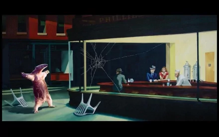 A humorous reinterpretation of Nighthawks at the Diner, featuring an animated character outside a diner, with broken chairs and a playful atmosphere. Artistic and colorful HD wallpaper.