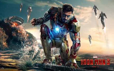 HD desktop wallpaper featuring Tony Stark, portrayed by Robert Downey Jr., in his Iron Man suit from the movie Iron Man 3, with other Iron Man suits soaring in the background.