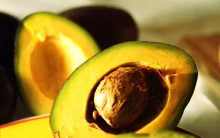 Vibrant HD wallpaper featuring a halved avocado, showcasing its creamy texture and prominent seed, with a blurred background of whole avocados.