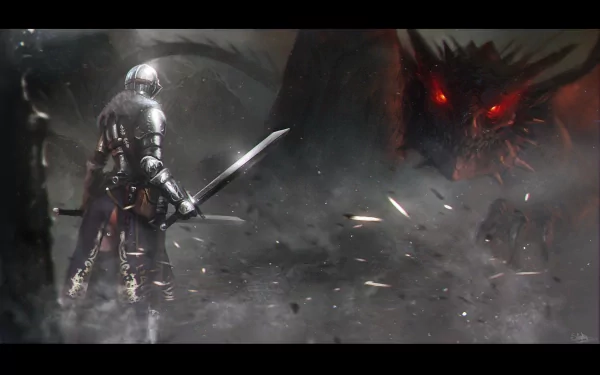 A knight stands poised for battle against a fearsome dragon in a dramatic fantasy scene, set in a smoky, dynamic landscape. This HD wallpaper captures epic adventure and bravery.