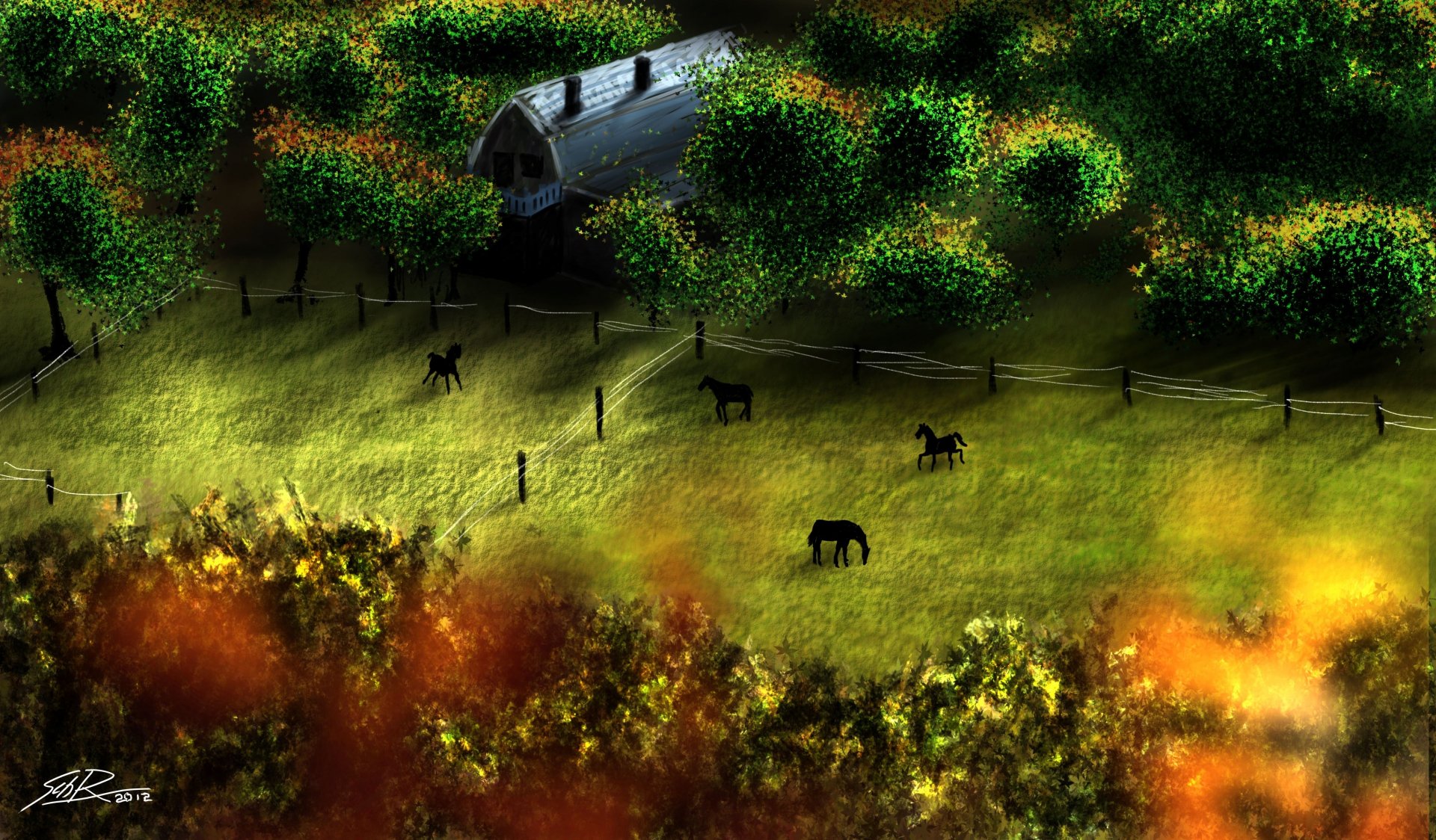Artistic drawing 4K Ultra HD PC desktop wallpaper: sunlit pasture with grazing horses, wooden fences and a barn tucked beneath dense, dappled trees, warm autumnal foliage in the foreground.