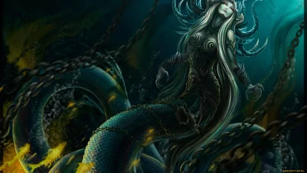 HD fantasy sea monster artwork depicting a majestic, tentacled mermaid creature in deep ocean waters, designed as a striking PC desktop wallpaper.