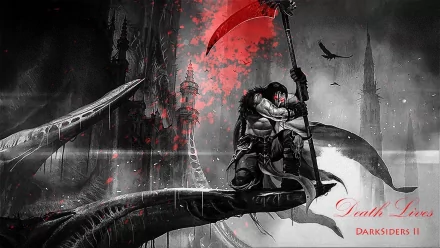 HD PC desktop wallpaper featuring a dark, intense scene from the video game Darksiders II, showcasing the character Death wielding a large scythe against a gothic backdrop.