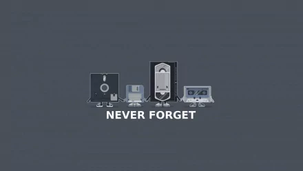 HD desktop wallpaper featuring a stylized lineup of retro media devices with the phrase NEVER FORGET on a gray background.