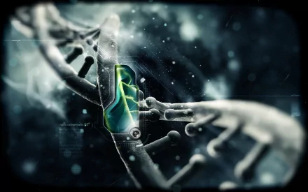 Artistic 2K Quad HD PC desktop wallpaper showing a stylized DNA double helix with a glowing green molecular segment against a dark, cosmic background.