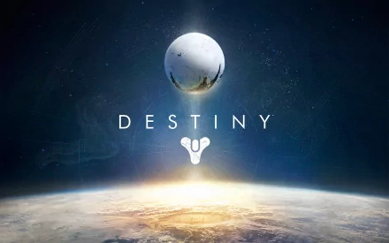 HD PC desktop wallpaper featuring the glowing Traveler orb above a planet's horizon from the video game Destiny, with the game's logo and title centered.