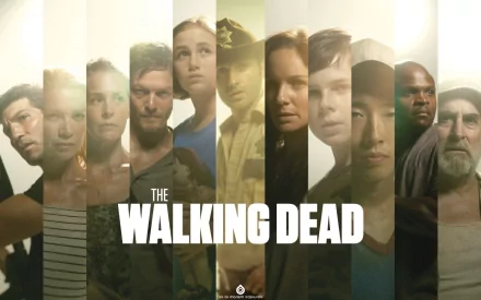 A dynamic collage featuring the cast of The Walking Dead, arranged artistically with the show's title prominently displayed. This HD wallpaper captures the essence of the series.