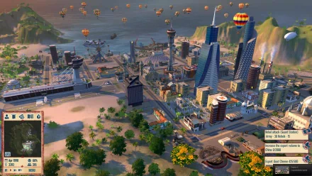 HD desktop wallpaper of Tropico 4 game showing a bustling cityscape with skyscrapers, industry, and a hot air balloon.