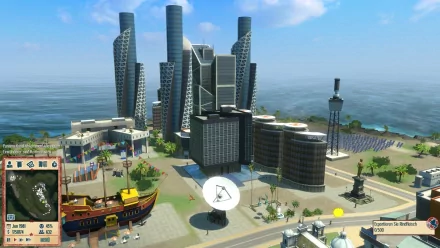 HD wallpaper of Tropico 4 showcasing a coastal cityscape with skyscrapers, a beach, and a vibrant port area.