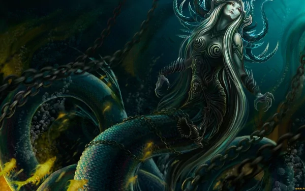 HD fantasy sea monster artwork depicting a majestic, tentacled mermaid creature in deep ocean waters, designed as a striking PC desktop wallpaper.