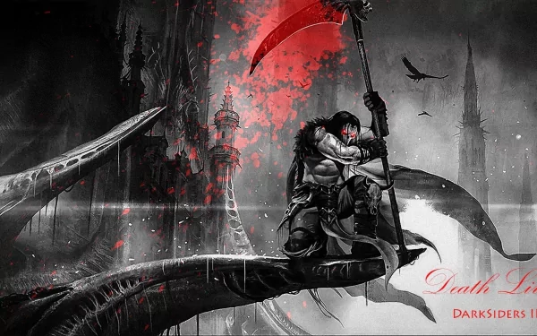 HD PC desktop wallpaper featuring a dark, intense scene from the video game Darksiders II, showcasing the character Death wielding a large scythe against a gothic backdrop.