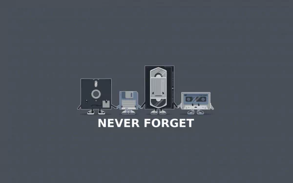 HD desktop wallpaper featuring a stylized lineup of retro media devices with the phrase NEVER FORGET on a gray background.