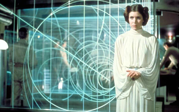 Carrie Fisher as Princess Leia Organa in a scene from *Star Wars Episode IV: A New Hope*, featuring her iconic hairstyle and attire against a backdrop of futuristic graphics.