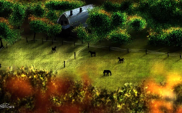 Artistic drawing 4K Ultra HD PC desktop wallpaper: sunlit pasture with grazing horses, wooden fences and a barn tucked beneath dense, dappled trees, warm autumnal foliage in the foreground.
