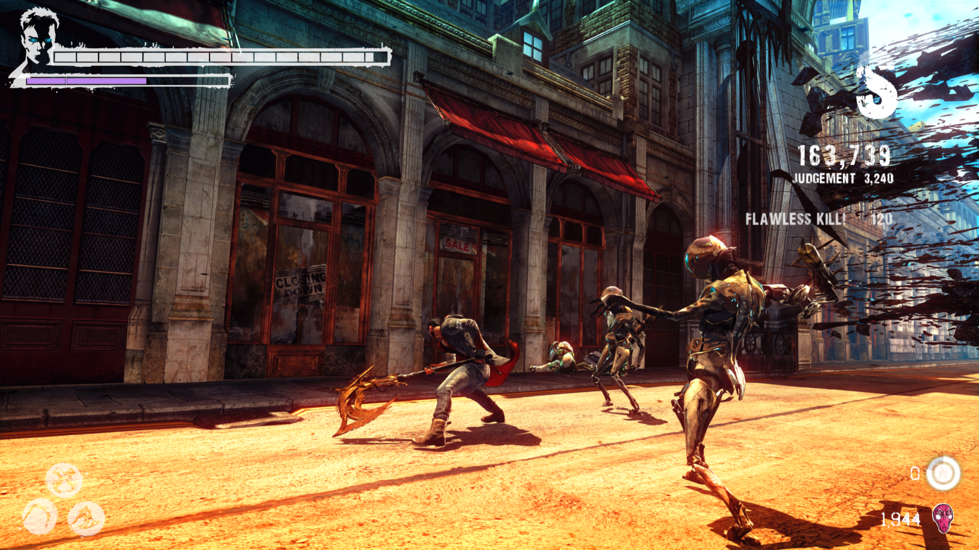 HD desktop wallpaper from DmC: Devil May Cry featuring a character engaged in combat on a desolate urban street.