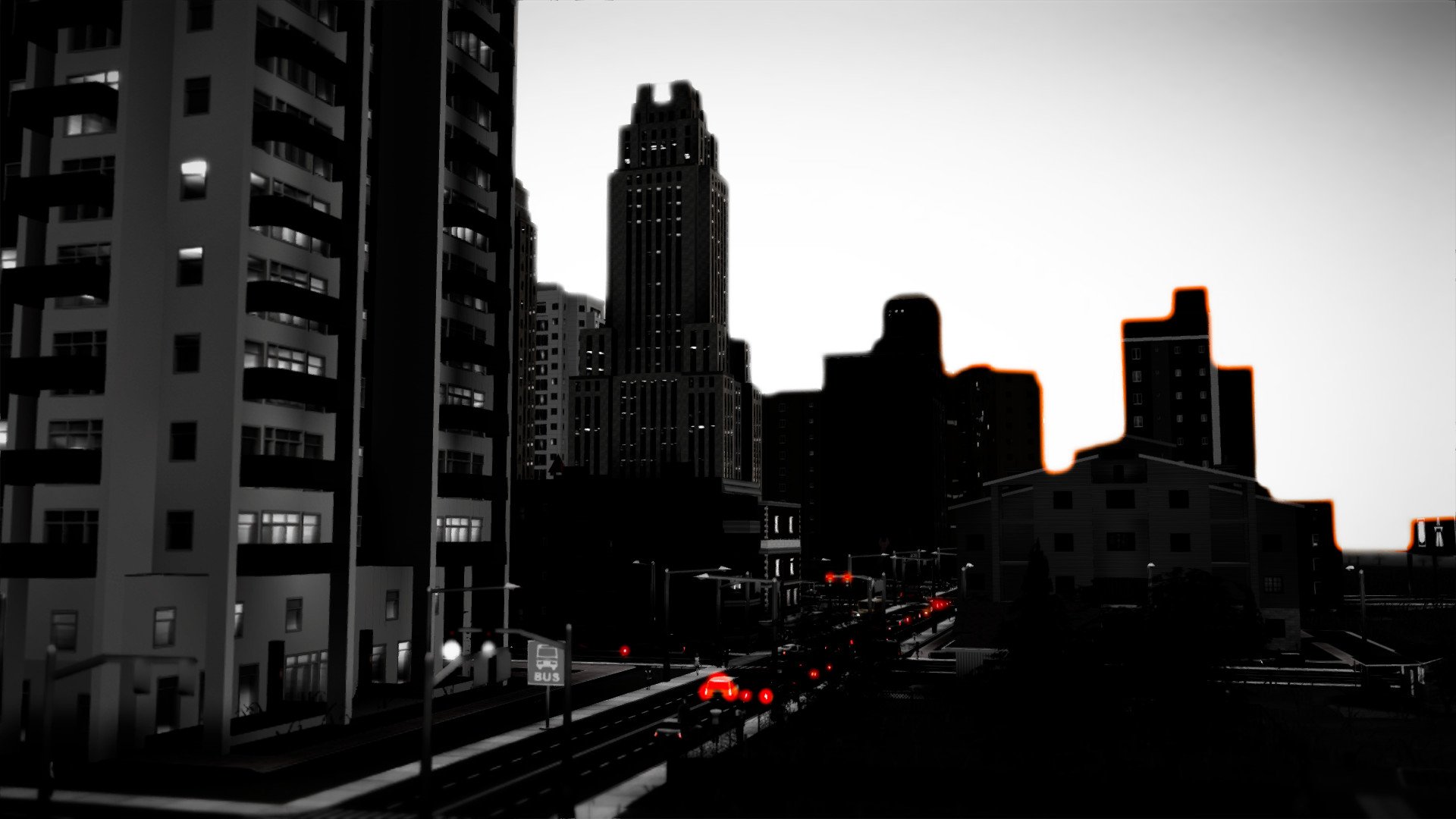 HD wallpaper of a SimCity-inspired cityscape at dusk with silhouetted buildings and street lights.