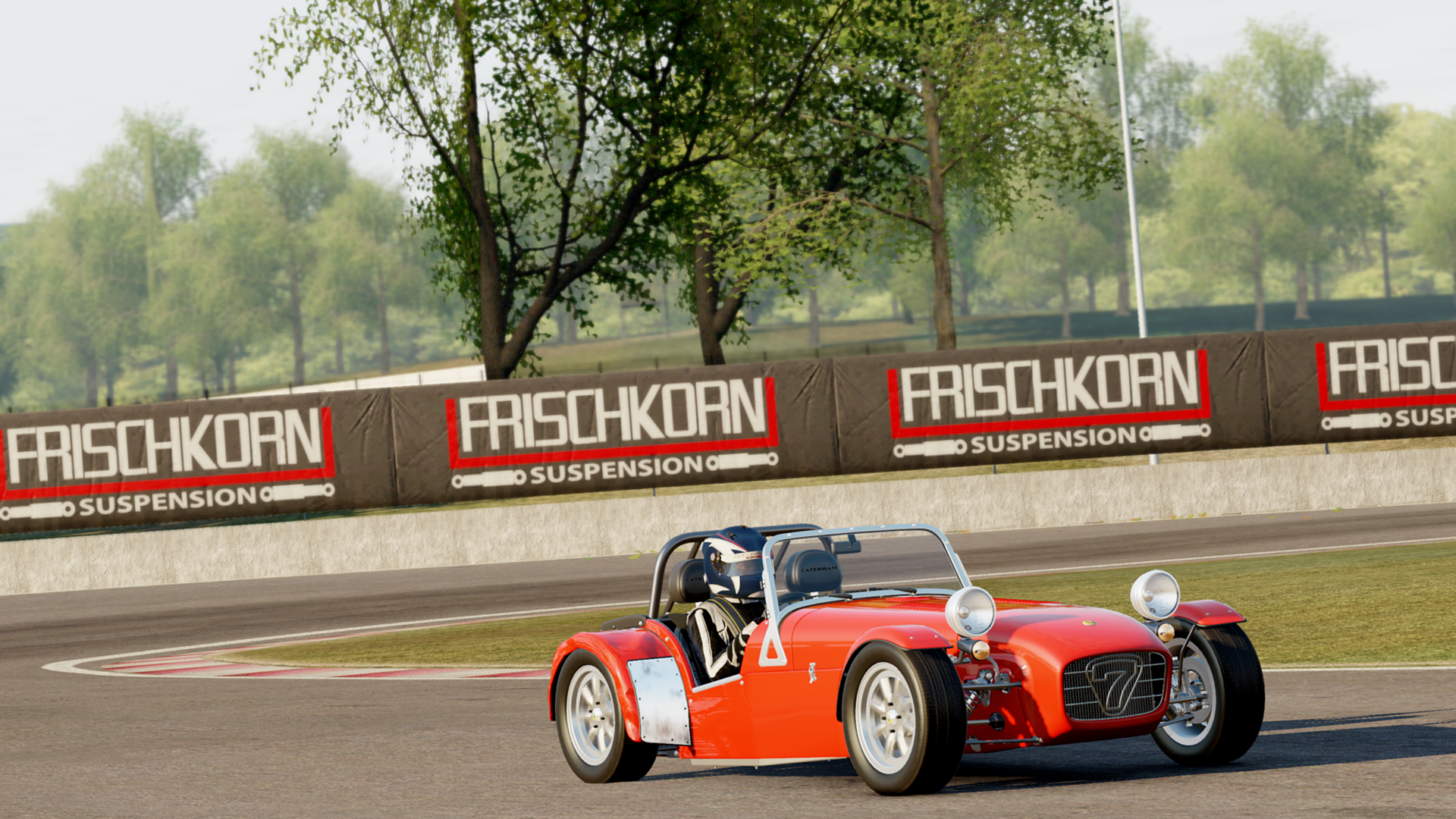 HD wallpaper of a red vintage race car from Project Cars game, on a racetrack with trees in the background.