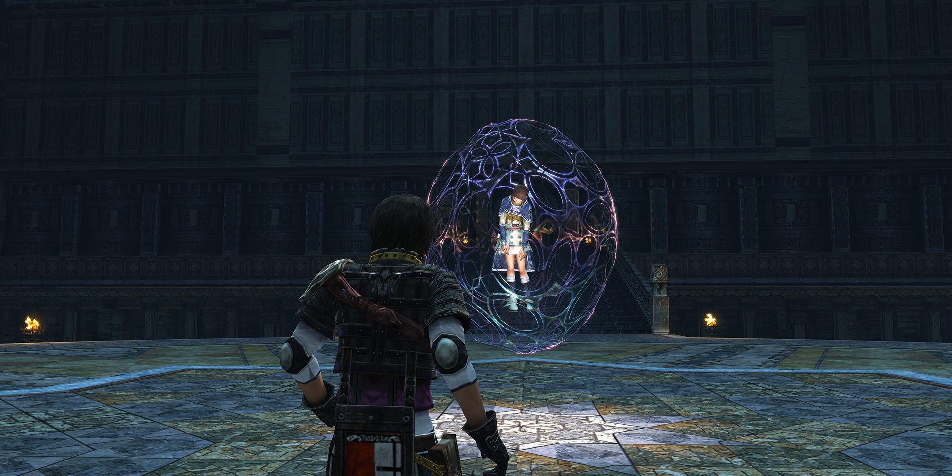 HD wallpaper of The Last Remnant featuring a character observing an enigmatic glowing sphere in a mysterious chamber.
