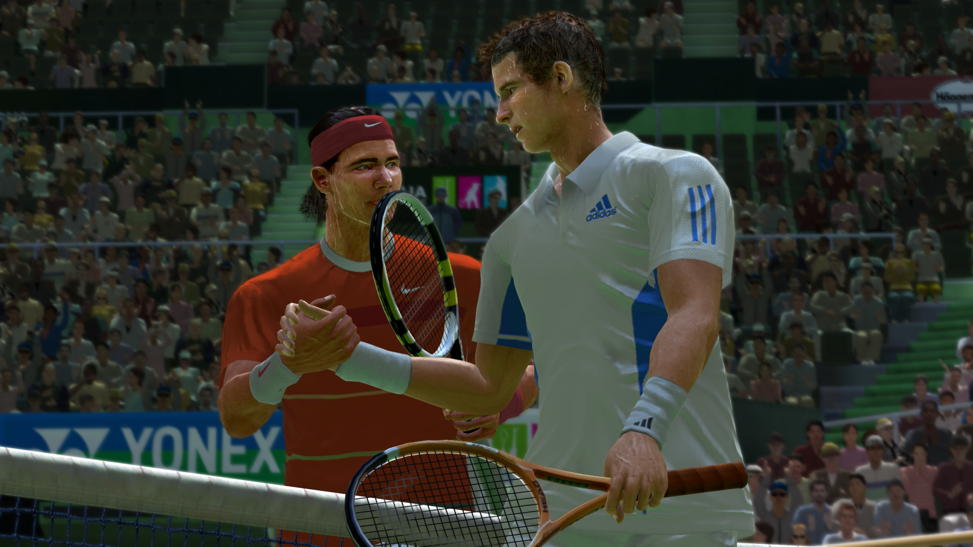 A HD desktop wallpaper from Virtua Tennis 4, showcasing two players shaking hands on the court, surrounded by an energetic crowd in the background.