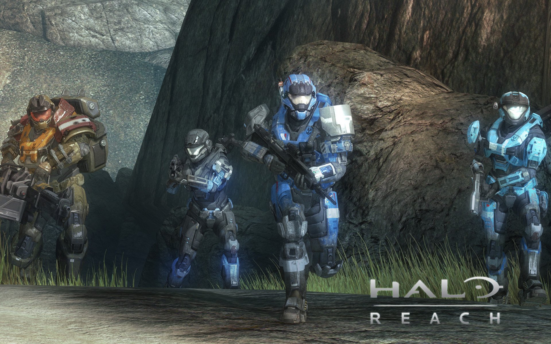 HD PC desktop wallpaper/background of the video game Halo: Reach: four Spartan soldiers in blue armor sprint across rocky terrain, Halo: Reach logo at lower right.