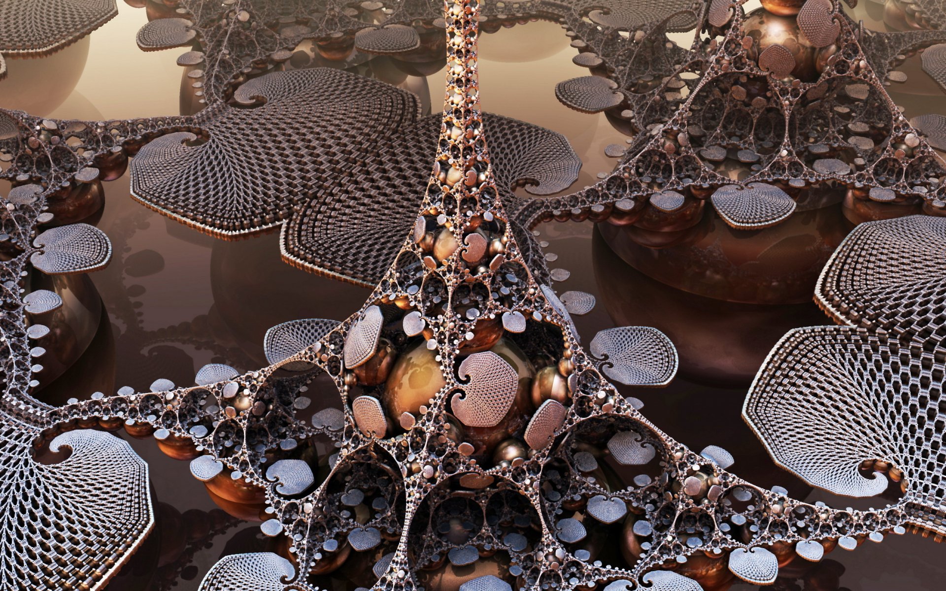 A detailed 3D artistic fractal design featuring complex, organic shapes and textures in a high-definition PC desktop wallpaper and background.