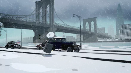 A HD desktop wallpaper featuring a snowy urban landscape from Mafia II, showcasing vintage cars and the Brooklyn Bridge in a cinematic, atmospheric setting.