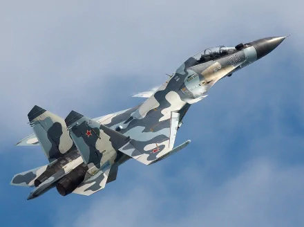 A high-definition desktop wallpaper featuring a Sukhoi Su-30 military aircraft in flight with a camo paint scheme against a cloudy sky backdrop.