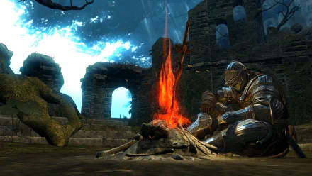 HD Dark Souls wallpaper featuring a knight resting at a bonfire with ruins in the background.