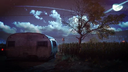 HD desktop wallpaper from Hitman: Absolution featuring a moonlit night scene with a trailer and a tree against a dramatic sky.