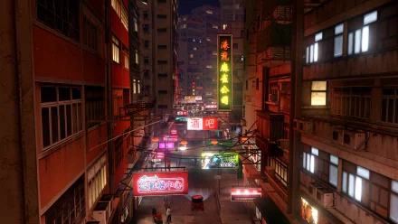 HD wallpaper featuring a vibrant nocturnal street scene from the video game Sleeping Dogs, with neon signs and urban ambiance.