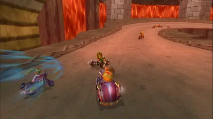 HD desktop wallpaper of Mario Kart Wii showing characters racing on a fiery lava track.