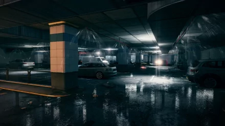 HD wallpaper of a dark, rain-soaked parking lot scene from Battlefield 3, showcasing atmospheric lighting and reflections.