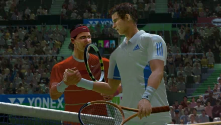 A HD desktop wallpaper from Virtua Tennis 4, showcasing two players shaking hands on the court, surrounded by an energetic crowd in the background.
