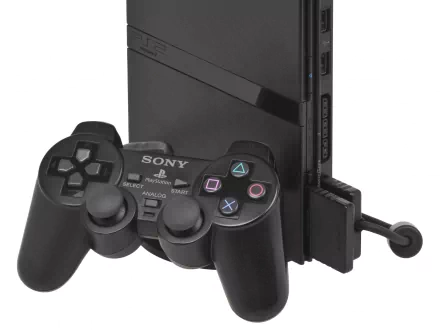 HD PC desktop wallpaper featuring a classic PlayStation 2 console and black Sony controller, highlighting iconic video game hardware.