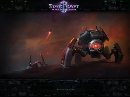 HD desktop wallpaper featuring a StarCraft II: Heart of the Swarm unit in a dynamic, moody battlefield setting.
