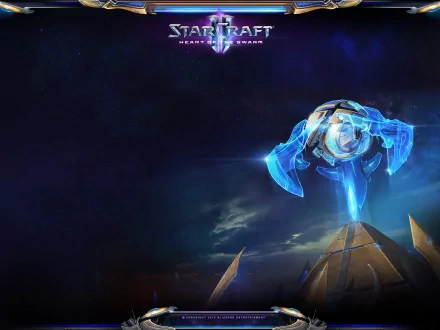 HD desktop wallpaper featuring a Protoss structure from StarCraft II: Heart of the Swarm against a cosmic background.