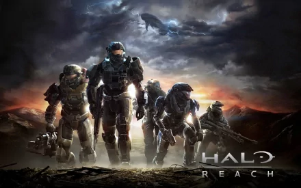A dramatic HD wallpaper from the video game Halo: Reach, featuring a group of armored soldiers advancing against a backdrop of a dark, stormy sky and a glowing horizon.